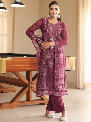 Wine Ethnic Motif Print 3-Piece Straight Kurta Set