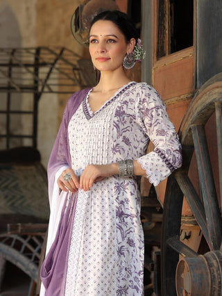 Women white and purple floral mix and match printed A-line kurta with pintuck and embroidery