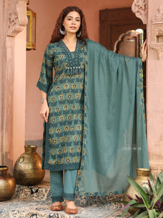 Teal Floral Print 3-Piece Straight Kurta Set