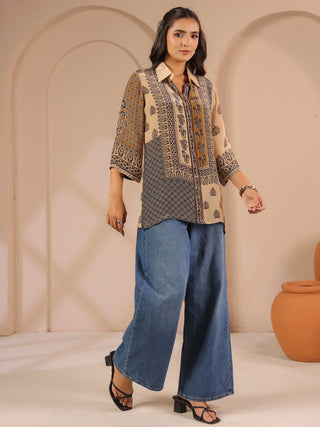 Beige ethnic printed crepe shirt