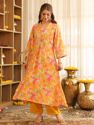 Mustard Floral Print Rayon A-Line Kurta Set with Pocket