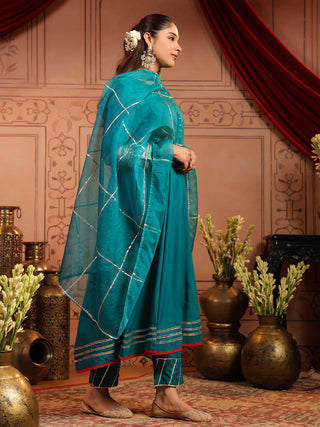 Teal Solid Fit & Flare 3-Piece Anarkali Kurta Set