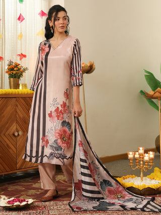 Peach Panel Print Chanderi Straight Kurta Set