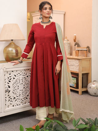 Red Solid Lace 3-Piece Kurta Set