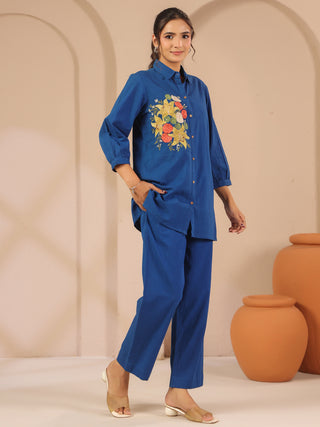 Blue cotton solid shirt style tunic cord set with matching tousers