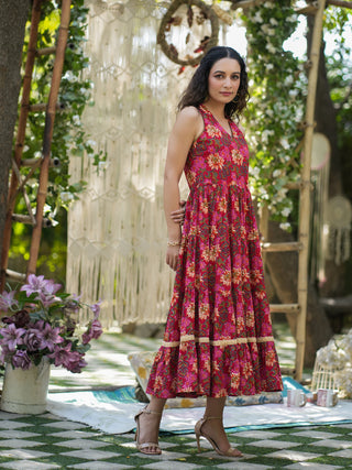 Women Red Floral Printed Pure Cotton Tiered Fit and Flare Dress