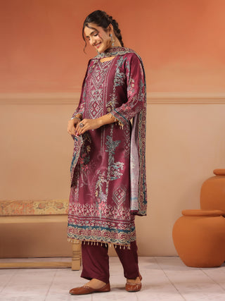 Wine panel printed silk blend kurta set with solid trousers and printed dupatta