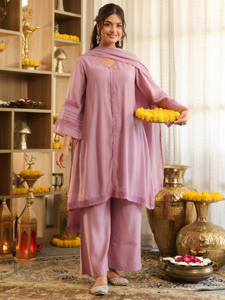 Lilac Lace Chanderi A-Line Kurta Set with Pocket