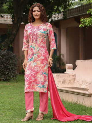 Pink Floral Embroidered 3-Piece Straight Kurta Set