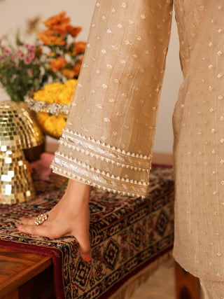 Champagne Beige Woven Butti Tissue Co-Ord Set
