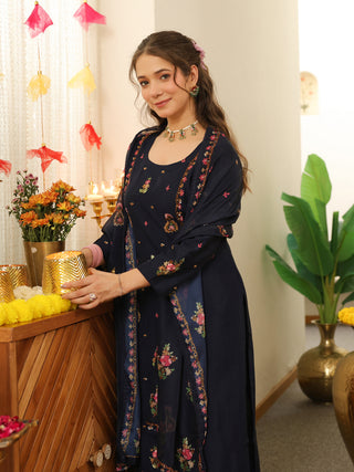 Blue Embroidered Poly Silk Straight Kurta Set