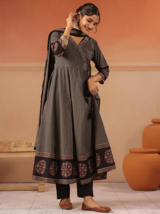 Black cotton chevron printed anarkali kurta set with solid trouser and printed cotton dupatta