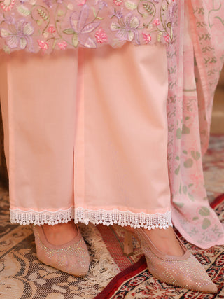 Pink Floral Embroidered 3-Piece Straight Kurta Set