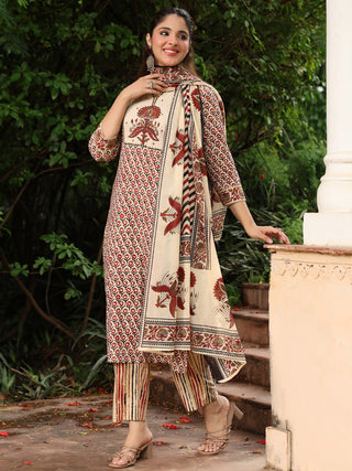 Rust Striped Embroidered 3-Piece Straight Kurta Set
