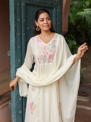 White Floral Embroidered 3-Piece Anarkali Kurta Set