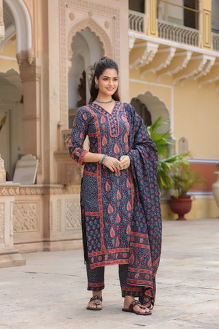 Women Ethnic Motifs Printed Pleated Pure Cotton Kurta with Trousers & With Dupatta