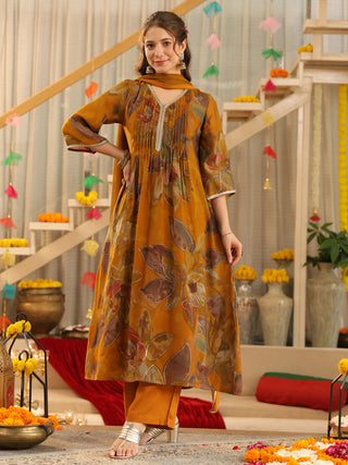 Mustard Floral Chanderi A-Line Kurta Set with Pocket