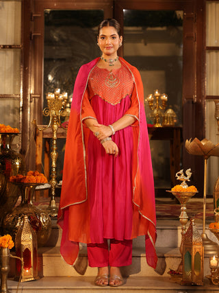 Pink Orange Embroidered Anarkali Kurta Set with Pocket