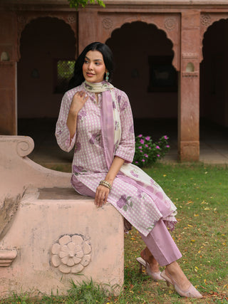 Purple Floral Print 3-Piece Straight Kurta Set