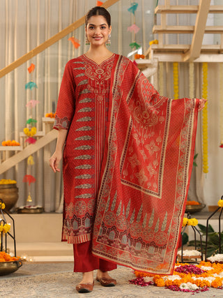 Red Panel Print Straight Kurta Set with Pant Pocket