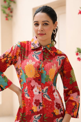 Women Floral Printed Shirt Collar Cotton Top