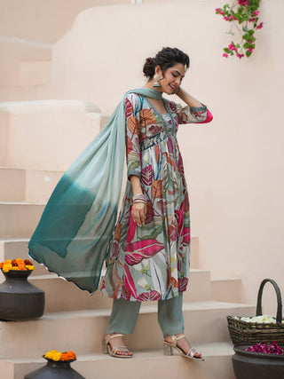 Women Green Chinon Printed A-line Empire Kurta With Trouser And Shaded Dupatta