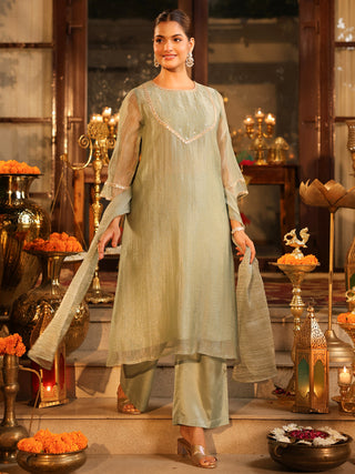 Dusty Blue Sequin Tissue A-Line Kurta Set with Pocket
