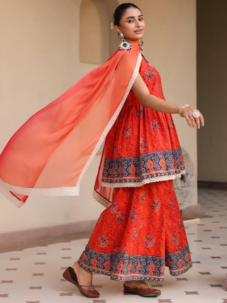 Women Ethnic Motifs Printed Empire Pure Cotton Kurta with Sharara & With Dupatta