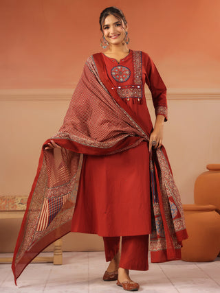 Red cotton solid straight fit kurta set with solid trouser and printed cotton dupatta