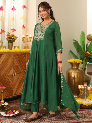Green Embroidered Anarkali Kurta Set with Pocket