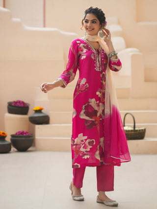 Floral Printed Cotton Silk Mirror Work Kurta With Trousers & Dupatta