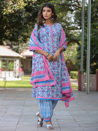 Women Blue Floral Printed Straight Kurta With Afghani Salwar and Printed Dupatta