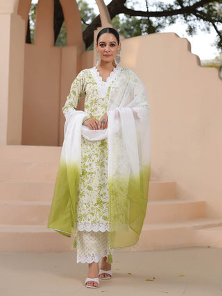 Women Green Floral Printed Pure Cotton Straight Kurta with Trousers & Dyed Dupatta