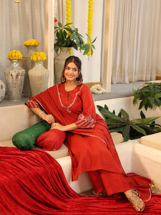 Rust Embroidered Mul Chanderi Straight Kurta Set with Dupatta