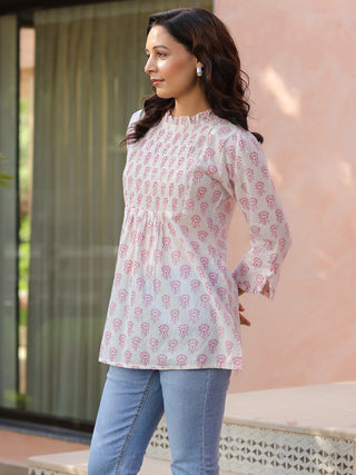 White Ethnic Motif Print Ruffle Top