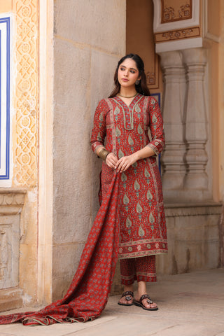 Women Ethnic Motifs Printed Pleated Pure Cotton Kurta with Trousers & With Dupatta