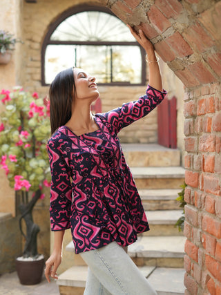 Women Navy Blue Ikat Printed Pure Cotton A-line Tops