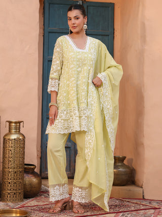 Lime Floral Embroidered Lace 3-Piece Straight Kurta Set