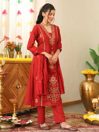 Deep Red Floral Embroidered Cotton Straight Kurta Set