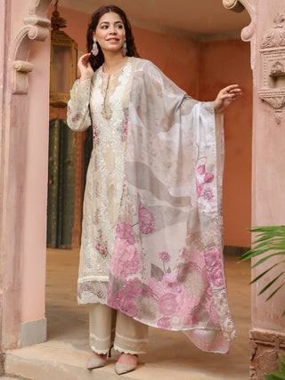 Beige Floral Embroidered 3-Piece Straight Kurta Set