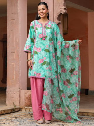 Mint Green Floral Print Straight 3-Piece Kurta Set