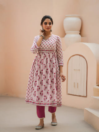 Women Pink Floral Printed Pure Cotton A-line Kurta With Solid Trouser And With Printed Dupatta