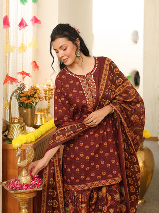 Brown Floral Print Cotton Straight Kurta Set