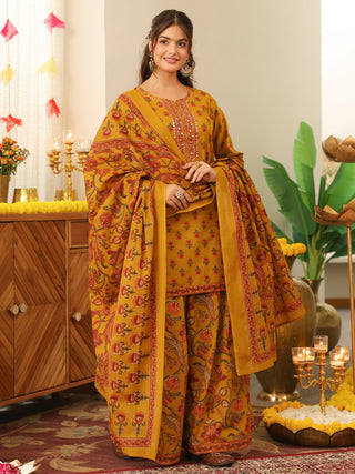 Mustard Yellow Floral Print Cotton Straight Kurta Set