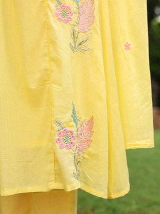 Yellow Floral Embroidered 3-Piece Anarkali Kurta Set