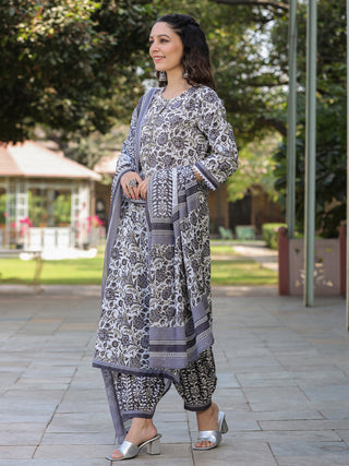 Women Grey Floral Printed Straight Kurta With Afghani Salwar And Printed Dupatta