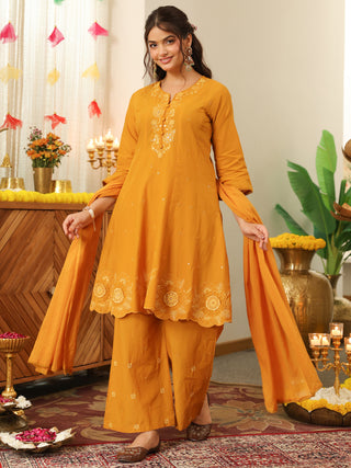Mustard Embroidered Cotton A-Line Kurta Set