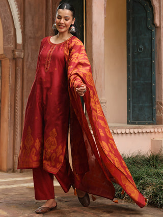 Maroon Jacquard Print 3-Piece Straight Kurta Set