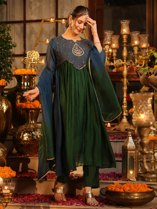 Bottle Green Embroidered Anarkali Kurta Set with Pocket