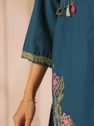 Teal blue solid embroidered cord set with shirt style tunic and matching trouser